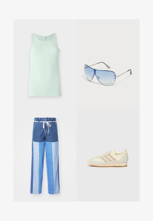 Lys mintgrønn tanktopp laget av ribbet stoff. Har rund halslinning og er ermeløs. Enkel, uembellert stil.; Blå denimbukser med et lapperedesign i forskjellige nyanser av blått, snor i livet og løse, rette ben.; Kremfargede joggesko med tre beige striper, laget av semsket skinn og tekstilmaterialer, med en teksturert såle og preget merkevare på hælen.; Pilotbriller med gradient blå linse, sølvfarget metallramme og dekorative stjerneaksenter på linsen. Glatt og stilren design.