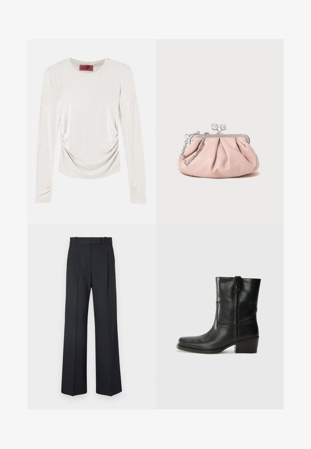 Krémový top s dlouhými rukávy, staženými boky a rukávy, kulatým výstřihem a červenou etiketou uvnitř límce.; Tmavě modré kalhoty s pruhy, vysokým pasem, širokým nohavicemi a bez viditelného kování nebo ozdob. Hladká textura a přesně padnoucí střih.; Černá kožená kotníková bota s kulatou špičkou, blokovým podpatkem, bočním zipem a prošíváním na svršku. Hladký povrch, klasický design.; Růžová kožená kabelka na ruku s nařaseným designem, kovovým rámem, dvěma kulatými sponami a stříbrným řetízkem. Hladká textura, kompaktní tvar.