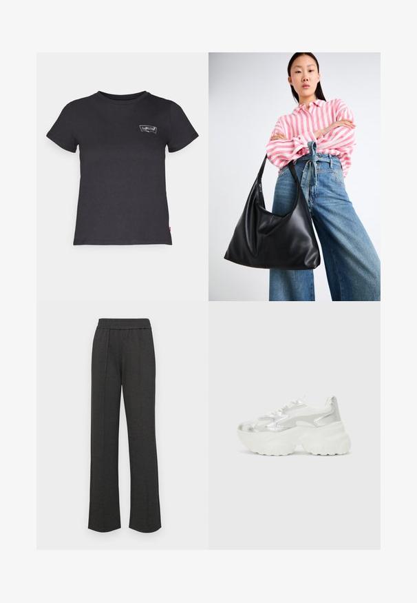 Camiseta de algodón negra con mangas cortas y cuello redondo. Presenta un pequeño logo blanco en el lado izquierdo del pecho. Textura suave, corte estándar.; Pantalones negros de pierna recta con una cinturilla elástica, pliegues en la parte delantera, tela suave y sin patrones o detalles de hardware visibles.; Zapatilla de plata con una parte superior de malla texturizada y acentos iridiscentes, que cuenta con una suela blanca gruesa y cierre de cordones.; Bolso de hombro de cuero negro con forma relajada y detalles de costura. La modelo lleva una camisa a rayas rosas y blancas con jeans de pierna ancha azules.