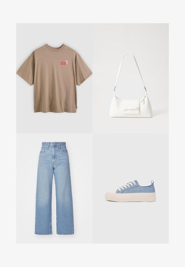 Beige cotton t-shirt with short sleeves and a crew neck. Features a small red and white printed Levi's logo and cactus design on the chest.; Light blue high-waist wide-leg jeans with front button and zip closure, front and back pockets, on a white background.; Light blue canvas sneakers with a cream rubber toe cap and outsole, featuring white laces and a pull tab on the heel.; White synthetic handbag with a triangular shape, flat front flap and bow detail, adjustable strap, smooth texture, and minimalistic design.