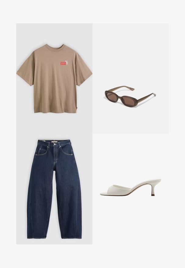 T-shirt beige in cotone con maniche corte e scollo rotondo. Presenta un piccolo logo Levi's stampato in rosso e bianco e un disegno di un cactus sul petto.; Jeans in denim blu scuro con una vestibilità ampia, cuciture chiare, cinque tasche e chiusura con bottone in vita.; Mule con tacco alto, aperti davanti e di colore bianco, con una finitura liscia, design minimalista e tacco slanciato, caratterizzati da un sottile accento marrone sulla suola.; Occhiali da sole ovali marroni con lenti scure. La montatura è realizzata in un materiale marrone trasparente e presenta un logo stampato sulle tempie.; Borsa a mano in pelle verde con una texture liscia, forma curvata e manico intrecciato. Presenta una chiusura con zip e una tracolla regolabile.