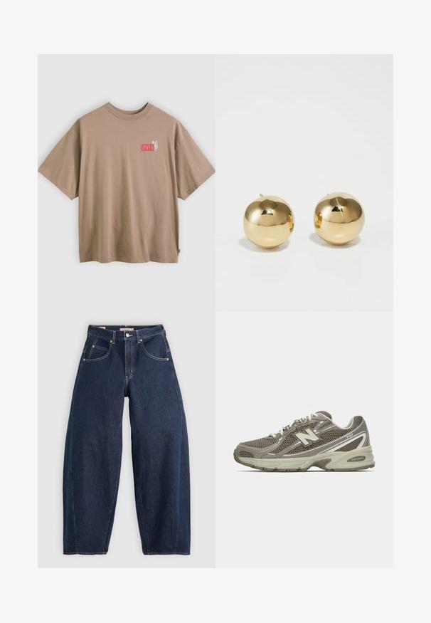 Beige katoenen t-shirt met korte mouwen en een ronde hals. Voorzien van een klein rood-wit bedrukt Levi's-logo en een cactussenontwerp op de borst.; Donkerblauwe denim jeans met een losse fit, lichte stiksels, vijf zakken en een knoopsluiting op de taille.; Atletiekschoen in grijs en beige mesh met een gestructureerd oppervlak, voorzien van een zachte zool, witte veters en reflecterende zilveren accenten.; Gouden ronde stud oorbellen met een gepolijste afwerking en een kleine post. Ze hebben een gladde textuur en een reflecterend oppervlak.
