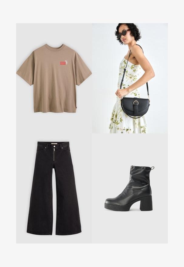 Beiges Baumwoll-T-Shirt mit kurzen Ärmeln und Rundhalsausschnitt. Auf der Brust befindet sich ein kleines rotes und weißes aufgedrucktes Levi's-Logo sowie ein Kaktus-Design.; Schwarze Denim-Jeans mit weitem Bein, Reißverschluss vorne, Fünf-Taschen-Design und dezenten Stickdetails. Glatte Textur und lässiger Stil.; Schwarze Stiefeletten aus glattem Leder mit seitlichem Reißverschluss, klobigem strukturiertem Absatz und runder Zehenform.; Schwarze Lederhandtasche mit geschwungener Form, abnehmbarem Tragegurt und goldenen Beschlägen. Die Tasche verfügt über einen Deckel mit einer Schnallen-Details.
