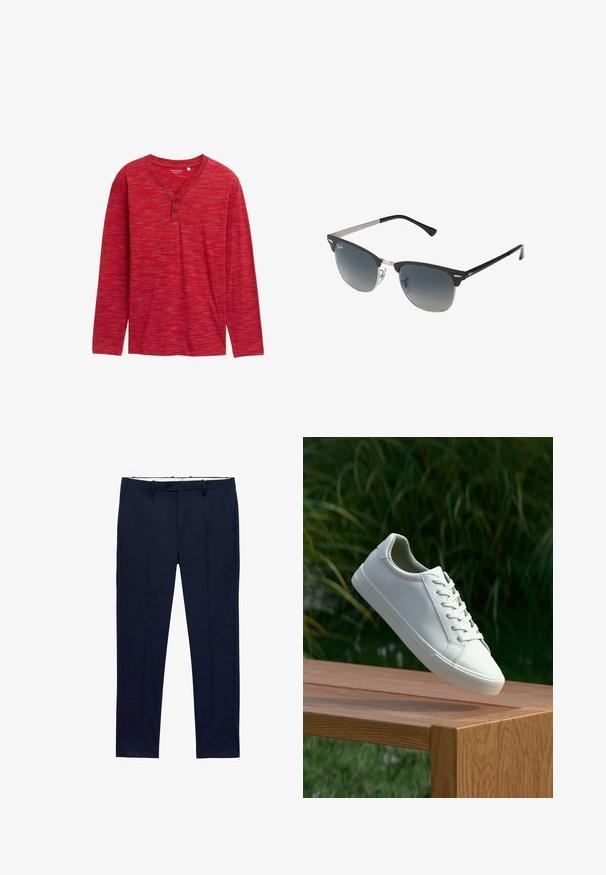 Maglietta henley rossa a maniche lunghe realizzata in tessuto testurizzato, con scollo a V, tre bottoni e una vestibilità rilassata con orli rifiniti.; Pantaloni blu navy con vestibilità slim e motivo a righe sottili. Presentano una chiusura con zip, passanti per cintura e tasche frontali. Tessuto dalla texture liscia.; Sneaker bianco con lacci sospeso sopra una panchina di legno, con fogliame verde sullo sfondo, che mette in mostra il design e la texture della scarpa.; Occhiali da sole neri e argento con forma a occhio di gatto, lenti sfumate e dettagli metallici sulla montatura. Aste in plastica con punte grigie.