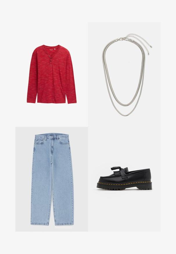 Rode henley shirt met lange mouwen, gemaakt van gestructureerde stof, met een V-hals, drie knopen en een relaxte pasvorm met afgewerkte zoomranden.; Lichtblauwe denim jeans met een recht model, voorzien van een middelhoge taille, vijf zakken en een knoop- en ritssluiting.; Zwarte leren loafers met een franjesaccent, voorzien van een dikke zwarte zool en gele stiksels langs de rand. Gevoelige afwerking.; Driedelige zilveren metalen halsketting met slanke, flexibele kettingen met een lichte glans, beveiligd met een karabijnhaak en een verstelbare ketting.