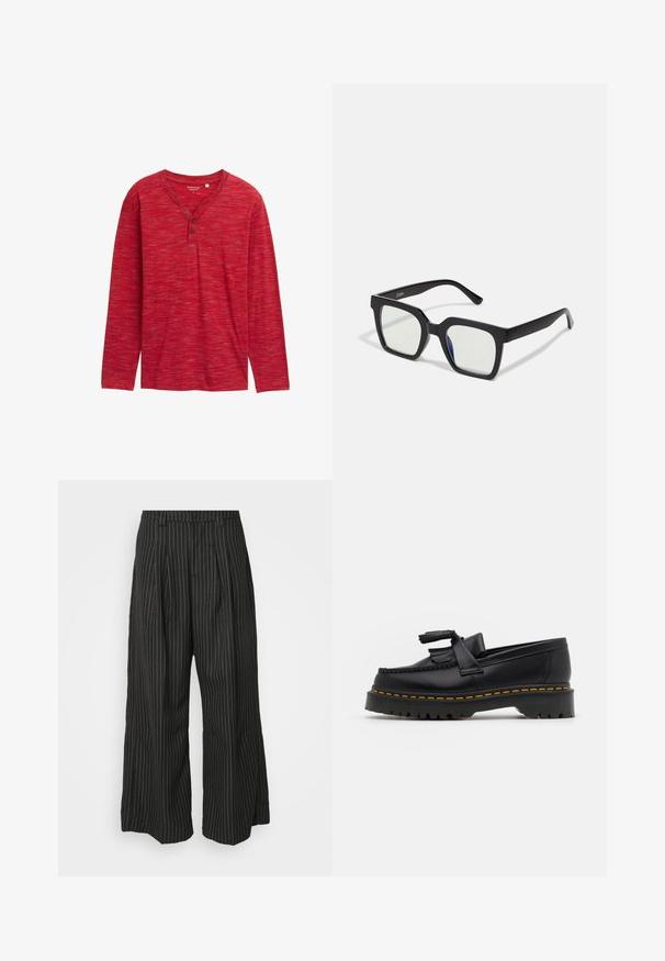 Czerwona koszulka typu henley z długim rękawem, wykonana z teksturowanej tkaniny, z dekoltem w kształcie litery V, trzema guzikami oraz luźnym krojem i wykończonymi brzegami.; Czarne spodnie w szerokie nogawki w paski, z zakładkami, charakteryzujące się dopasowanym krojem i miękką teksturą. Brak widocznych metalowych elementów lub akcentów.; Czarny skórzany mokasyn z frędzelkowymi akcentami, z masywną czarną podeszwą i żółtym przeszyciem wzdłuż krawędzi. Teksturowane wykończenie.; Czarne okulary przeciwsłoneczne w matowym wykończeniu, z przezroczystymi soczewkami i lekko niebieskim odcieniem z jednej strony. Solidny, kanciasty design.