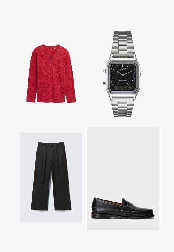 Langærmet rød henley skjorte lavet af tekstureret stof, med V-hals, tre knapper og en afslappet pasform med syede kanter.; Sorte vide bukser med en glat tekstur, som har to frontlommer og en let forhøjet talje.; Sorte læder slip-on sko med rund tå, syede detaljer og et dekorativt bånd tværs over fronten. Flad sål med et minimalistisk design.; Sølv rustfrit stål kvartsur med en sort rektangulær urskive, der har analoge visere, digital skærm og vandtæt label.