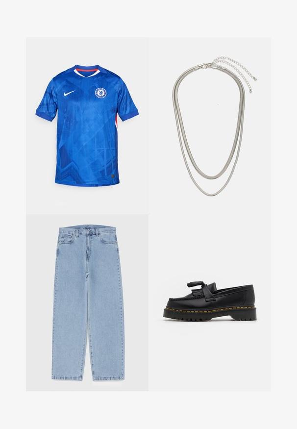 Modra Nike nogometna majica z geometrijskim vzorcem, kratkimi rokavi, V-izrezom in oznako Chelsea FC na levem prsnem predelu; vsebuje rdeče akcentne detajle.; Svijetloplave traperice s ravnim nogavicama, srednjeg struka, pet džepova te zatvaranjem na gumb i munju.; Črne usnjene loafersice s kaširanim naglasom, z debelim črnim podplatom in rumenim šivom ob robu. Teksturirana površina.; Tri-slojni srebrni kovinski ogrlica z elegantnimi, fleksibilnimi verigami z rahlim leskom, varovana z zaponko s katero se zaključi in nastavljivo verigo.