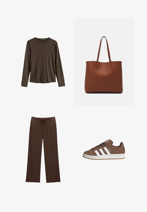 Braun langärmliges Shirt aus glattem Stoff. Mit rundem Ausschnitt und geradem Saum, ohne sichtbare Muster oder Akzente.; Braune weite Hosen aus weichem Stoff, mit einem elastischen Bund und Kordelzug sowie zwei Seitentaschen.; Braune Wildledersneaker mit weißen Lederstreifen, Gummisohle, gerundetem Zehenbereich und Schnürung. Mit einem Logo auf der Zunge und perforierten Akzenten.; Braune Leder-Tote mit glatter Textur, offenem Oberteil und zwei Schulterriemen. Verfügt über minimale Nähte und keine sichtbaren Beschläge.