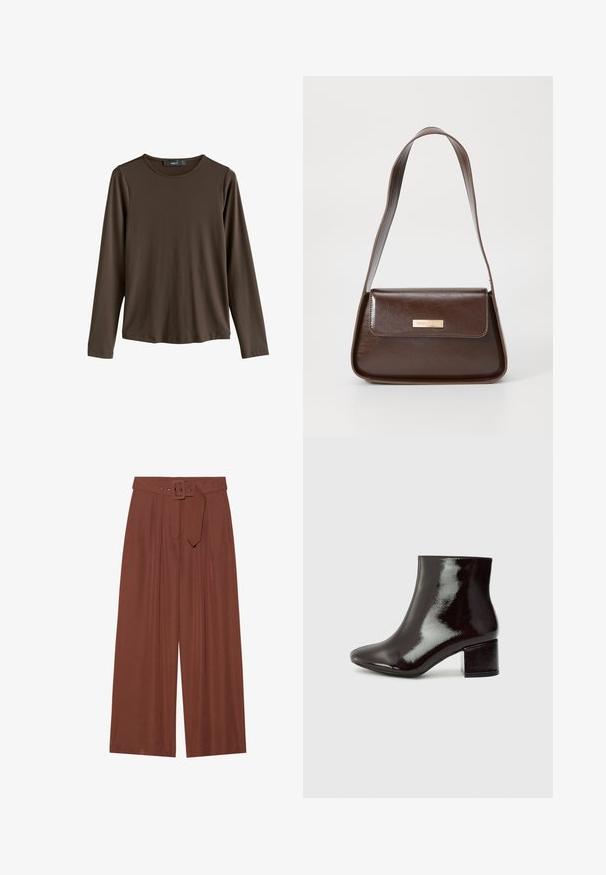 Camisa de manga larga marrón, hecha de una tela suave. Presenta un cuello redondo y un dobladillo recto, sin patrones o acentos visibles.; Pantalones de pierna ancha en tela marrón, con un cinturón de hebilla cuadrada, diseño plisado y textura suave.; Botas de tobillo de charol negro con punta afilada y tacón grueso. Textura suave con un brillo sutil y líneas limpias, diseño minimalista.; Bolso de hombro de cuero marrón con una forma estructurada, que presenta un cierre de solapa magnético y un acento de logo metálico en la parte frontal.