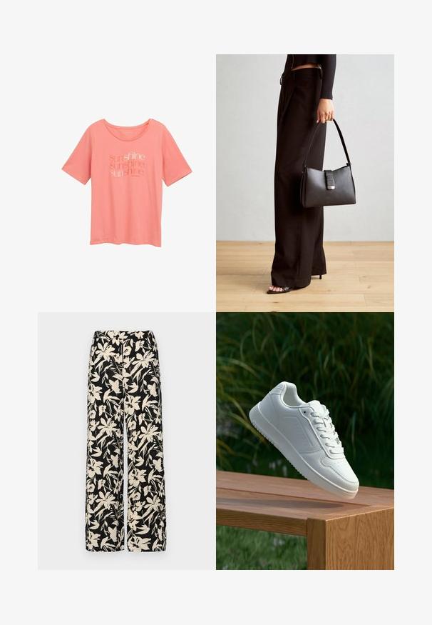 Roosa lühikeste varrukatega T-särk pehmest kangast, mille esiküljel on sõna "päike" erinevates toonides ja kirjutamisstiilides. Ümmargune kaelus.; Mustad laiad püksid kreemja lillemustriga. Valmistatud kergest kangast, millel on sile tekstuur ja kõrge vöökoht.; Valged sneakerd, millel on sile sünteetiline ülemine osa, väikeste aukudega varvaskast, lamedad paelad ja tekstuuriga tald, eksponeeritud puidust pinnal.; Must musta kott, millel on struktureeritud kuju, sile tekstuur ja metallist klamber. Kombineeritud laiate mustade pükstega ja avatud varvaste sandaalidega puidust põrandal.