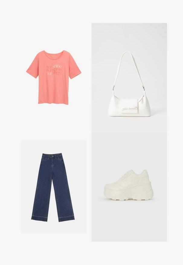 Lyserød T-shirt med korte ærmer lavet af blødt stof, med ordet "solskin" i forskellige nuancer og skrifttyper på forsiden. Rund halsudskæring.; Vidde bukser i mørkeblå denim. Har fem lommer, bæltestropper og en rå kant nederst med synlige stikninger.; Hvide platform sneakers med en glat læderlignende overdel, rund form, polstret krave og struktureret gummisål med definerede riller.; Hvid syntetisk håndtaske med en trekantet form, flad forsideklap og sløjfedetalje, justerbar strop, glat tekstur og minimalistisk design.
