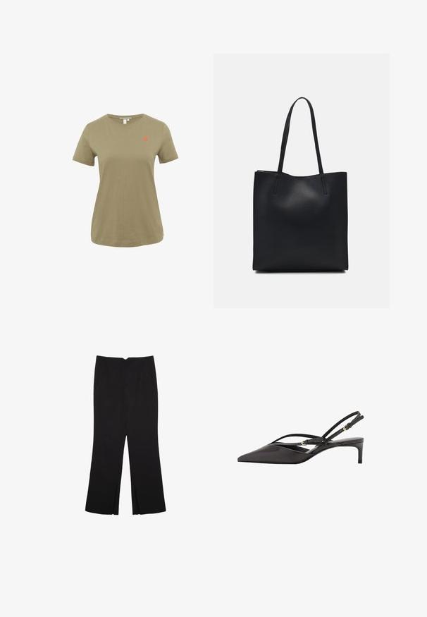 Oliwkowy bawełniany t-shirt z krótkim rękawem, okrągłym dekoltem i haftowanym czerwonym sercem na lewej piersi. Casualowy krój i gładka faktura.; Czarne spodnie o prostym kroju, z przednimi kieszeniami i bocznymi rozcięciami na dole. Wykonane z miękkiego, gładkiego materiału. Odpowiednie na różne okazje.; Czarne skórzane czółenka na odkrytej pięcie z szpiczastym noskiem, smukłymi paskami wokół kostki i niskim obcasem w kształcie stiletto. Gładka tekstura z minimalistycznym wzornictwem.; Czarna skórzana torba tote o gładkiej fakturze, prostokątnym kształcie i dwóch długich uchwytach. Brak widocznych elementów metalowych i ozdób.