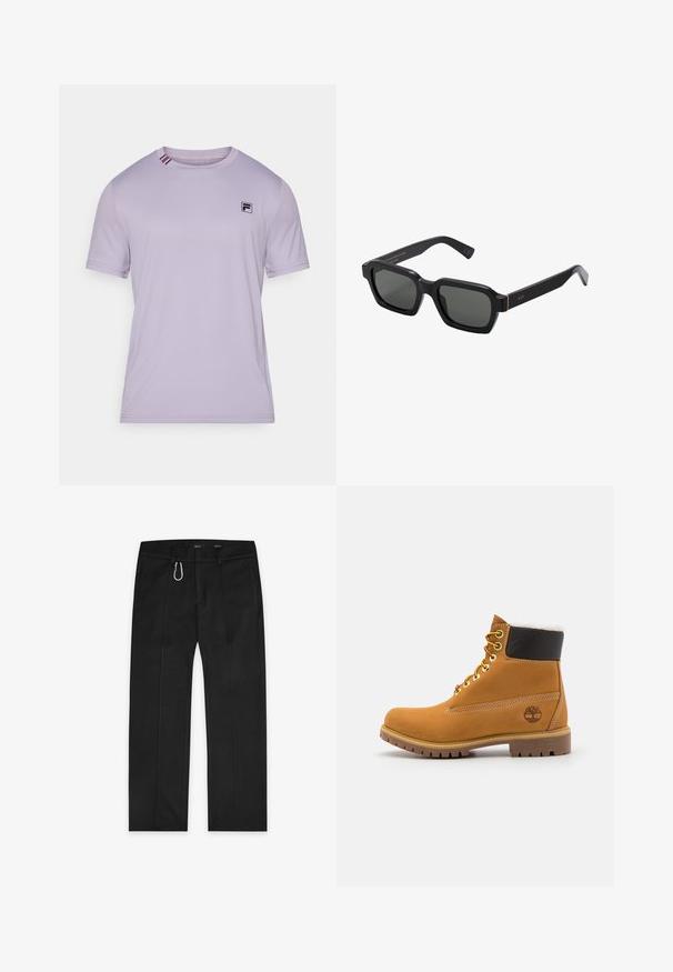 Svetlofialové športové tričko vyrobené z hladkej tkaniny. Obsahuje čierne logo na hrudi a kontrastné pruhy na golieri. Krátke rukávy.; Čierne nohavice vyrobené z tkaného materiálu, s rovnými nohavicami, dvoma bočnými vreckami, predným zipsom a vonkajším odevom s detailom.; Hnedé kožené ankle boot s kovovými očkami, bielym kožúškom vo vnútri, čiernym vypolstrovaným golierom, robustnou podrážkou a vyrazeným logom na boku.; Čierne, štvorcové slnečné okuliare so sivými sklami. Hrubé plastové rámy majú zlaté akcenty a branding na spánku. Hladký povrch.