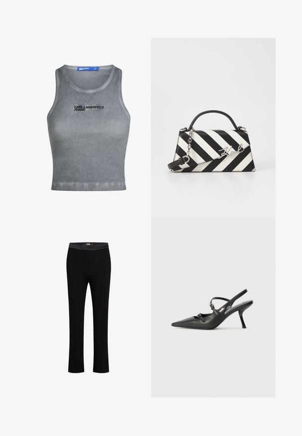 Šedý rebrovaný top bez rukávov s okrúhlym výstrihom. Obsahuje vyšívaný nápis "KARL LAGERFELD JEANS" v čiernej farbe. Hladká textúra, skrátená dĺžka.; Čierne nohavice s hladkou tkaninou, rovnými nohavicami a elastickým pásom. Obsahuje vertikálne švy.; Čierne kožené slingback topánky na vysokom podpätku s ostrou špicou, štíhlym podpätkom a dekoratívnym detailom s prackou na priehlavku. Hladká textúra a elegantný dizajn.; Čierno-bielo pruhovaná kabelka so štruktúrovaným tvarom, obsahujúca hornú rúčku, odnímateľný reťazový popruh a kovový logo akcent.