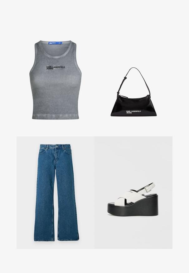 Grå ribbestrikket tanktop med rund hals. Har "KARL LAGERFELD JEANS" brodert i svart. Glatt tekstur, kort lengde.; Vidde ben blå denimbukser med en klassisk fem-lomme design, med en frontlukking med knapp og glidelås, samt en subtil falmet tekstur.; Hvite platåsandaler med svart såle, med kryssede stropper og justerbar ankelspenne. Glatt tekstur, moderne fasong.; Svart patentlæder handbag med en trekantet form, der har en top lynlås og justerbar rem. Logoet "KARL LAGERFELD JEANS" i sølv.