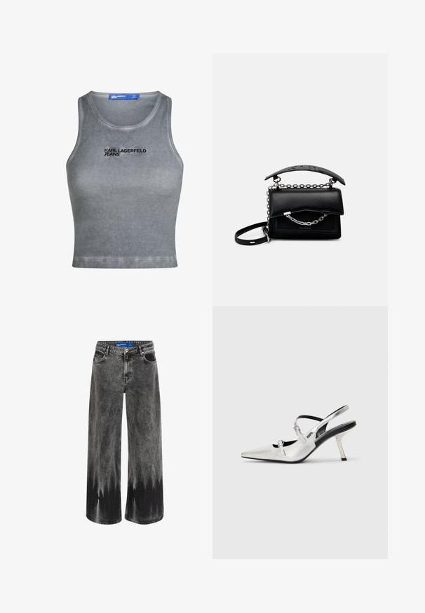 Camisola de alças cinza com decote redondo. Apresenta "KARL LAGERFELD JEANS" bordado em preto. Textura suave, comprimento cropped.; Calças de ganga de perna larga em denim preto desbotado, apresentando um efeito de dip-dye, acessórios em aço e um design clássico de cinco bolsos com cintura padrão.; Saltos slingback prateados com bico apontado, apresentando um acabamento metálico suave, um salto esguio e detalhes decorativos nas tiras.; Bolsa de couro preta com um design estruturado, detalhes em corrente e alça, e uma superfície texturizada. Apresenta um fecho de aba com a marca visível.
