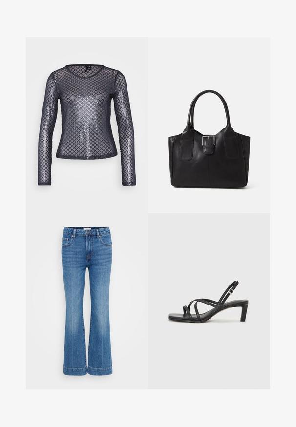 Long-sleeve top made of sheer black mesh fabric with a diamond sequin pattern. Features a round neckline and fitted silhouette.; Flared blue denim jeans with a high waist, subtle whiskering on front, five-pocket design, and contrasting stitching along the seams.; Black strappy sandal with a square toe and a low block heel. Features multiple thin straps and an adjustable ankle strap. Made of smooth leather.; Black leather tote bag with smooth texture, structured shape, two handles, and a prominent silver buckle detail on the front.