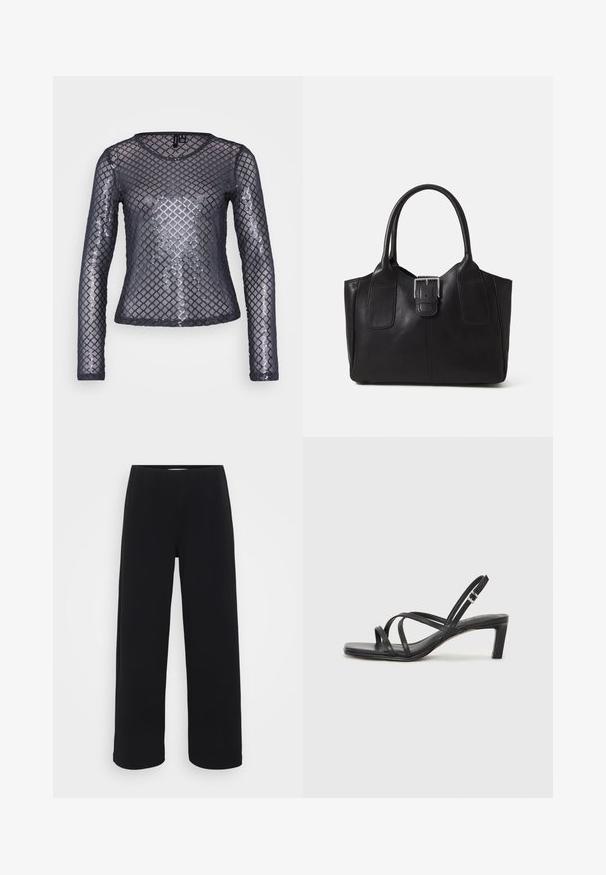 Pitkähihaista puseroa on valmistettu läpinäkyvästä mustasta verkkomateriaalista, jossa on timanttimainen paljettikuosi. Siinä on pyöreä pääntie ja tiukka siluetti.; Mustat leveät housut elastisella vyötäröllä. Valmistettu tekstuuritetusta materiaalista, jossa on rento istuvuus ja suora leikkaus lantion kohdasta helmaan.; Mustat hihnalligat, joissa on neliön muotoinen kärki ja matala lohkokorko. Ominaisuuksiin kuuluu useita ohuita hihnoja ja säädettävä nilkkahihna. Valmistettu sileästä nahasta.; Musta nahkainen olkalaukku, jossa on sileä pinta, ryhdikäs muoto, kaksi kahvaa ja silmienpistävä hopeinen solkiyksityiskohta edessä.