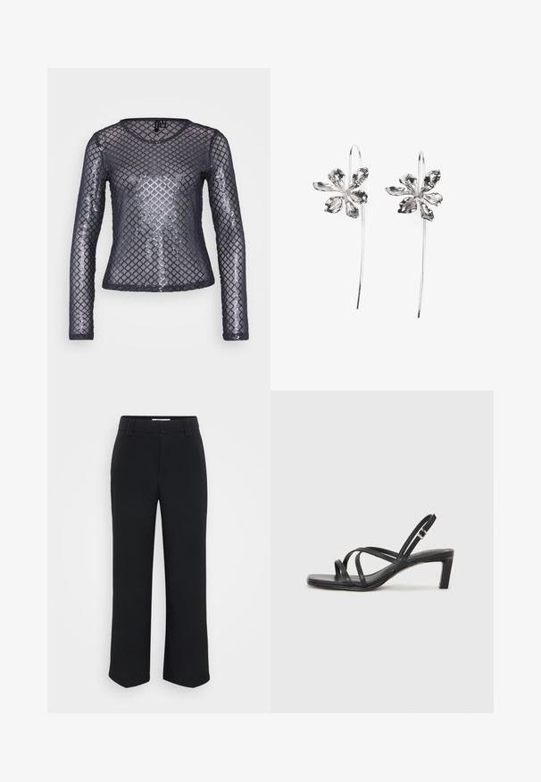 Long-sleeve top made of sheer black mesh fabric with a diamond sequin pattern. Features a round neckline and fitted silhouette.; Black wide-leg trousers with a smooth texture, featuring a flat waistband and side pockets, designed with a minimalist aesthetic.; Black strappy sandal with a square toe and a low block heel. Features multiple thin straps and an adjustable ankle strap. Made of smooth leather.; Silver flower-shaped earrings with a textured finish, featuring long hooks and petal-like details for an intricate design.
