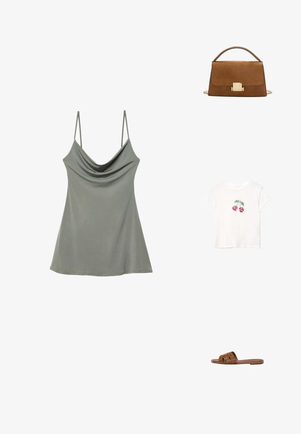 Weißes Baumwoll-T-Shirt mit einem roten Kirschgrafik und grünen Blättern, kurzen Ärmeln und rundem Ausschnitt. Weiches Material, lässiges Design.; Lässiges, hellgraues Damenunterhemd mit dünnen, verstellbaren Trägern, gefertigt aus weichem Stoff, mit lockerer Passform und glatter Textur.; Braune Leder-Sandale mit gekreuzten Riemen, flacher Sohle und glatter Textur. Schlichtes Design ohne Verzierungen oder Muster.; Braune Wildleder-Handtasche mit einem goldenen quadratischen Verschluss, einem oberen Tragegriff und einem Kettenriegel. Sie hat eine rechteckige Form und abgerundete Kanten.