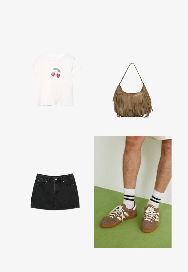 Biela bavlnená tričko s červenou grafikou čerešne a zelenými listami, krátkymi rukávmi a okrúhlym výstrihom. Mäkka textúra, voľný dizajn.; Čierna denim mini sukňa s predným gombíkom, pútkami na opasok a dvoma prednými vreckami s medenými nitmi, rozložená na bielom pozadí.; Hnedé zamatové tenisky s bielymi akcentmi a šnúrkami. Gumová podrážka. Nosené s bielymi ponožkami so čiernymi pruhmi. Zelená textúrovaná podlaha.; Hnedá zamková kabelka s dlhými strapcami, zakriveným tvarom a jedným ramenným popruhom. Má hladký, textúrovaný povrch.