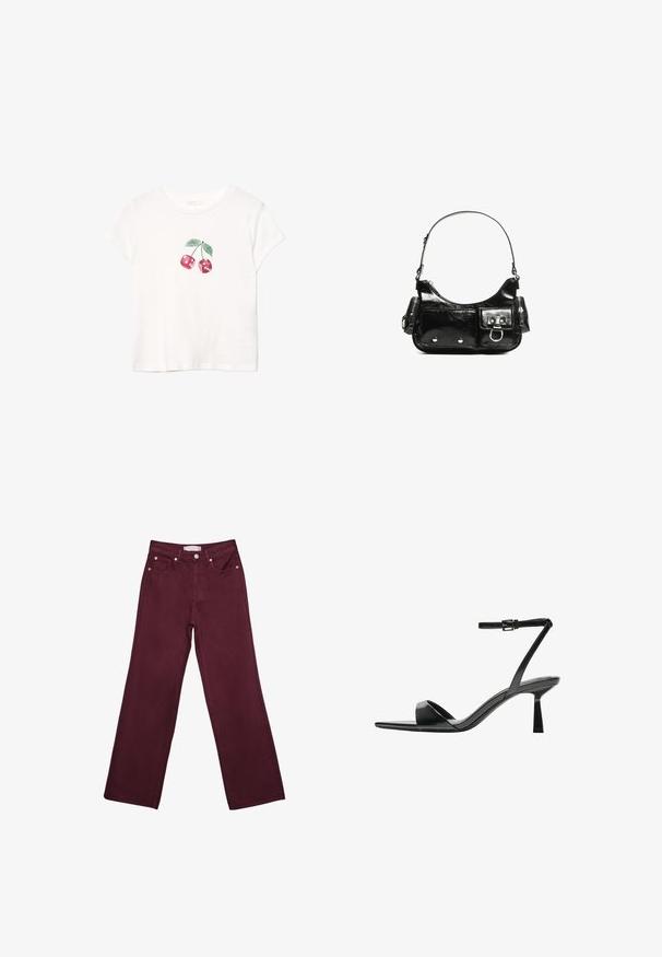Weißes Baumwoll-T-Shirt mit einem roten Kirschgrafik und grünen Blättern, kurzen Ärmeln und rundem Ausschnitt. Weiches Material, lässiges Design.; Burgunderfarbene hochtaillierte Jeans mit geradem Bein-Design, ausgestattet mit vorderen Taschen, einem Knopfverschluss und metallischen Akzenten in Kupferfarbe.; Bershka High Heel Sandalette - black; Schwarze Lackleder-Handtasche mit geschwungenem Design, einem Schulterriemen, Vordertaschen und silberfarbenen Hardware-Akzenten.