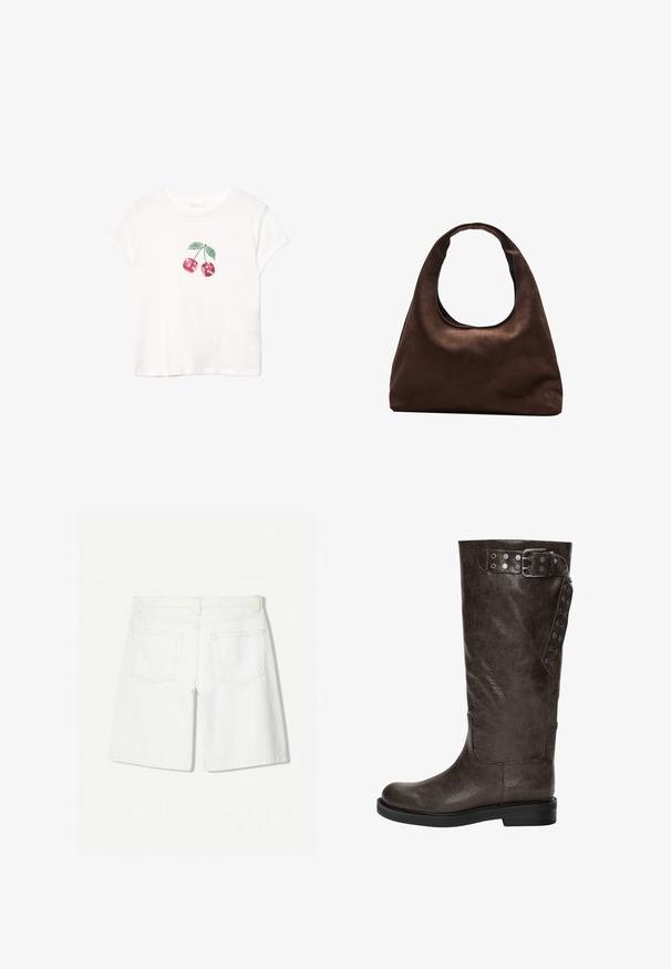 Bílá bavlněná trička s grafikou červené třešně a zelenými listy, krátké rukávy a kulatý výstřih. Měkká textura, ležérní design.; Bílé denimové šortky s rovnoměrným střihem, s vysokým pasem, dvěma zadními kapsami a jemným prošitím.; Hnědé kožené vysoké boty k kolenům s texturovaným povrchem, se sponou a cvočkovými detaily na boku, a plochou gumovou podrážkou.; Měkká hnědá kabelka ve stylu hobo s jedním širokým popruhem a zakřiveným horním otvorem, vystavená na bílém pozadí.