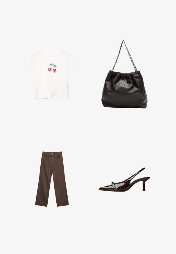 Weißes Baumwoll-T-Shirt mit einem roten Kirschgrafik und grünen Blättern, kurzen Ärmeln und rundem Ausschnitt. Weiches Material, lässiges Design.; Weite braune Jeans aus Denim, mit hoher Taille, Fronttaschen und klassischem Knopfverschluss. Glatte Textur mit feinen Nähten.; Braune Lackleder-Slingback-Schuhe mit spitzem Zehenbereich, niedrigem Absatz und einer dekorativen Schleifenakzent an der Vorderseite. Glatte, glänzende Textur.; Braune Lederhandtasche mit gerafftem Oberteil und Kettenriemen. Glatte Textur mit glänzendem Finish und subtilen Nahtdetails an den Seiten.