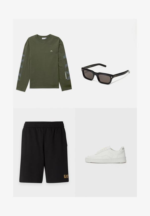 Ilgų rankovių alyvuogių žalios spalvos marškinėliai, pagaminti iš medvilnės, su mažu baltu logotipu ant krūtinės ir raštuota pilka detale ant rankovių.; Juoda sportinė šortai, pagaminti iš minkštos medžiagos, su elastingu diržu ir maža geltona EA7 logo apatinėje kairėje kojoje.; Balti odiniai sportiniai bateliai su lygia apdaila, apvaliu pirštu, plokščiais raišteliais ir tekstūruotu padu. Pasižymi subtiliu logotipu ant kulno.; Juodos stačiakampės akinių nuo saulės su tamsiais objektyvais, storu plastiko rėmu, auksinėmis detalėmis ant šventyklų ir prekės ženklo logotipu išgraviruotu ant šono.
