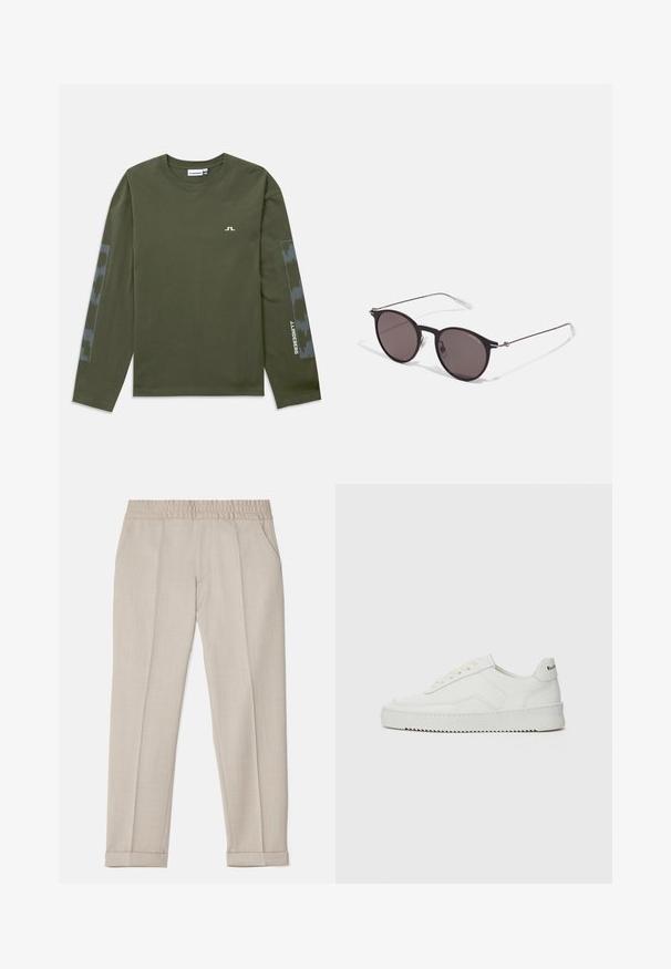 Pikkade varrukatega oliiviroheline T-särk, mis on valmistatud puuvillast. Rinnal on väike valge logo ning varrukatel on halli muster.; Filippa K TERRY CROPPED TROUSERS - Püksid - sage melange; Valge nahast tennis, millel on sile põhi, ümar varvas, lamedad nöörid ja tekstuuriline tall. Sisaldab diskreetset logo kontsaribal.; Mustad mustad prillid tumedate läätsedega ja õhukeste metallist käepidemetega. Kaarja kujuga seljaosa ja hõbedased aktsendid hingel. Minimalistlik disain.