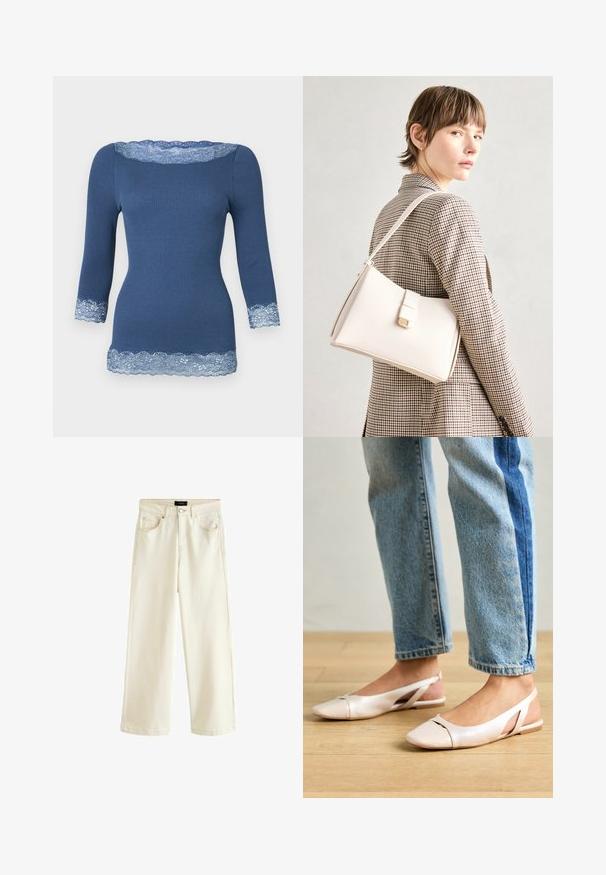 Kék bordázott kötött felső háromnegyedes ujjal, világoskék csipkeborítással a nyakvonalon, a mandzsettákon és a széleken.; Széles lábú nadrág világos bézs farmerből, gombos záródással, öt zsebbel és sima textúrával. Egyszerű és modern dizájn.; Világos rózsaszín slingback laposlábú cipők, hegyes orral, sima bőrhatású anyagból készült. Oldalt kivágott részletek találhatók rajta, valamint lapos sarkú.; Fehér bőr táska strukturált dizájnnal, mágneses záródással és vállpánttal, semleges háttér előtt bemutatva.