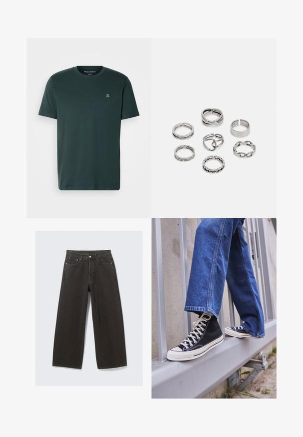 T-shirt verde escuro feito de tecido macio, com decote redondo e mangas curtas. Logótipo bordado no lado esquerdo do peito.; As calças de ganga pretas de perna larga apresentam uma cintura alta, um design de cinco bolsos e um fecho de botões. O tecido tem um acabamento texturizado e suave.; Ténis altos pretos com sola e atacadores brancos, combinados com jeans azul desgastado, repousando sobre um corrimão cinza.; Conjunto de sete anéis de prata com vários designs, incluindo padrões torcidos, entrelaçados e gravados. Diferentes formas e larguras.