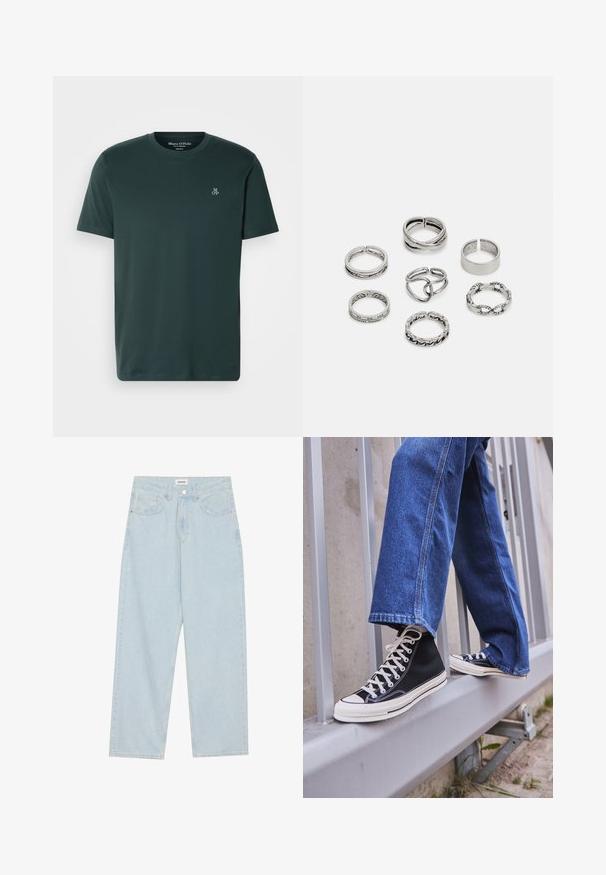 Tumši zaļš T-krekls, kas izgatavots no mīksta auduma, ar apaļu kaklu un īsām piedurknēm. Izšūts logos kreisajā krūtī.; Gaiši zilas platās kājas džinsi, kas izgatavoti no denima, ar vidēju jostas augstumu, piecām kabatām un pogas aizdari ar šauru metāla akcentu.; Melnas augstas kedas ar baltu zoli un auklām, apvienotas ar brīvām zilām džinsām, atpūšoties uz pelēka margotā balsta.; Septi sudraba gredzeni ar dažādām dizaina iezīmēm, ieskaitot savītas, savienotas un iegravētas formas. Atšķirīgas formas un platumi.