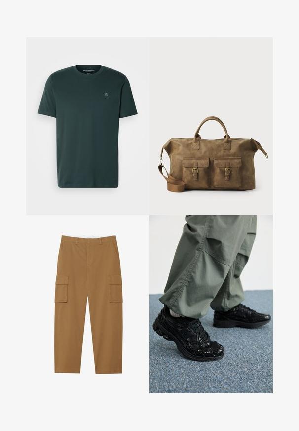 Mørkegrøn T-shirt lavet af blødt stof, med rund hals og korte ærmer. Broderet logo på venstre bryst.; Brune cargo bukser med to sidelommer, flad front og lige ben. Fremstillet af et slidstærkt stof med en glat tekstur.; Sorte atletiske sneakers med blanke og mesh teksturer, der har en tyk sål og snørebånd, parret med løse olivengrønne cargo bukser.; Brun læder duffel taske med to forlommer, justerbar skulderrem, guldfarvet hardware og robuste top håndtag. Glat tekstur.