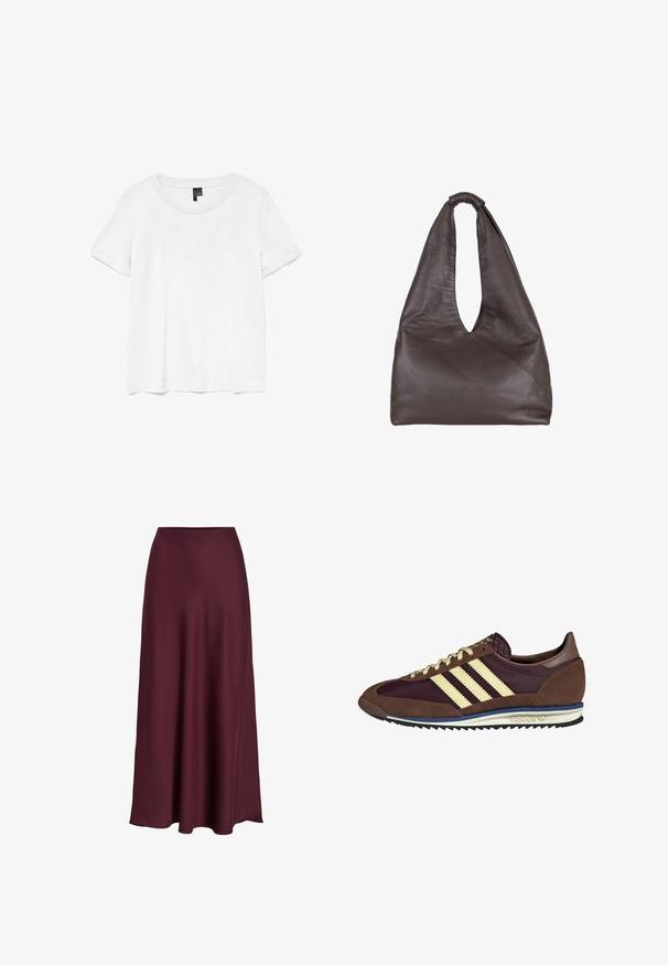 Tricou alb cu mânecă scurtă, cu decolteu rotund, fabricat dintr-un material ușor. Design simplu, textură fină și tiv drept.; Fustă maxi din satin bordeaux cu o textură netedă, talie înaltă și o siluetă fluidă care se lărgește ușor spre margine.; Sneaker maro și burgund cu materiale din suede și plasă, având trei dungi crem, țesătură texturată pe limbă și o talpă din cauciuc.; Geantă din piele maro cu un design oversized, relaxat. Dispune de un mâner în formă de buclă și o deschidere adâncă în formă de V pentru acces ușor. Textură moale, stil minimalist.