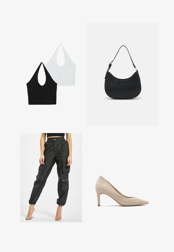 Två halterneck-toppar i svart och vitt. Den svarta toppen har en djup utskärning, medan den vita toppen har samma design, båda tillverkade av mjukt tyg.; Svarta cargobyxor tillverkade av lättviktsmaterial har flera fickor, elastiska ärmslut och en dragkedjeficka på sidan för ökad funktionalitet.; Beige mockaskinn högklackad pumpsko med spetsig tå och 7 cm klack. Slen yta, minimalistisk design och en sömlös silhuett.; Svart hobo-väska i slät läder med en böjd siluett, utrustad med ett justerbart axelband och minimalistiska designdetaljer.