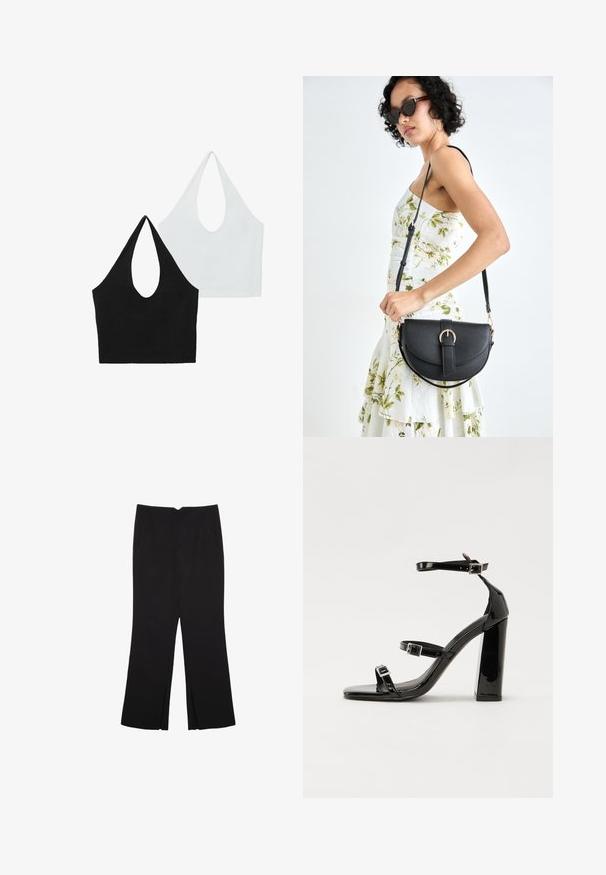 Two halter tops in black and white. Black top has a deep cutout, while the white top has a similar design, both made from soft fabric.; Black trousers with a straight fit, featuring front pockets and side slits at the hem. Made of soft, smooth fabric. Suitable for various occasions.; Black patent heeled sandals with a square toe, ankle straps, and silver buckles. Features a chunky block heel for stability.; Black leather handbag with a curved shape, detachable strap, and gold hardware. The bag features a flap with a buckle detail.