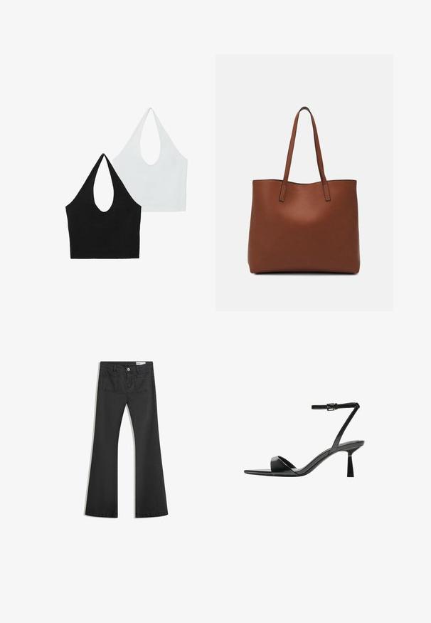Twee haltertops in zwart en wit. De zwarte top heeft een diepe uitsnijding, terwijl de witte top een vergelijkbaar ontwerp heeft, beide gemaakt van zachte stof.; Zwarte flared jeans van denim met een gladde textuur, voorzien van twee achterzakken en een knoopsluiting bij de taille.; Bershka Sandalen met hoge hak - black; Bruine leren tote bag met een gladde textuur, een ontwerp met een open bovenkant en twee schouderbanden. Kenmerkt zich door minimale stiksels en geen zichtbare hardware.