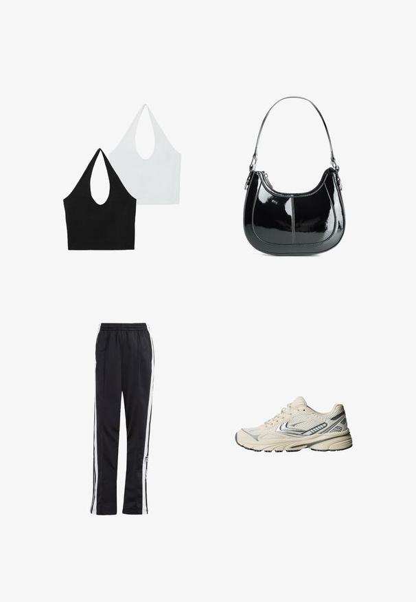 Zwei Halftertops in Schwarz und Weiß. Das schwarze Top hat einen tiefen Ausschnitt, während das weiße Top ein ähnliches Design hat. Beide sind aus weichem Stoff gefertigt.; Schwarze Jogginghose mit weißen Seitenstreifen, elastischem Bund und einem Logo-Patch. Hergestellt aus glattem, leichtem Stoff. Gerades Bein-Design.; Cremefarbener Sportschuh mit einem Obermaterial aus Mesh, silbernen Akzenten und einer strukturierten Gummisohle. Entwickelt für Komfort und Stabilität.; Schwarze Handtasche aus lackiertem Leder mit geschwungenem Design, Reißverschluss und einem einzelnen Schulterriemen, der mit silberfarbenen Beschlägen und Akzenten in der Naht versehen ist.