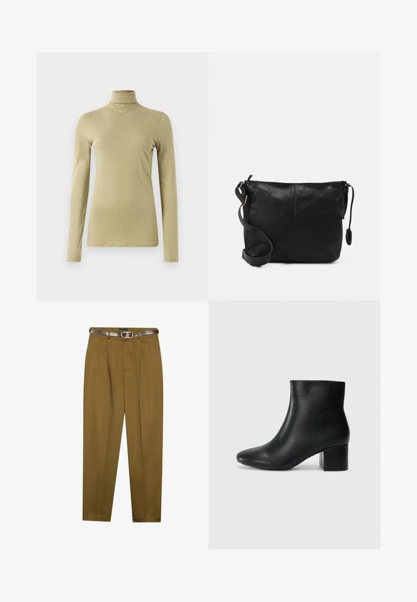Camisola de gola alta de manga longa em verde olive claro, apresentando um corte slim e um tecido liso, ligeiramente texturado, sem adornos.; Calças castanhas, ajustadas, com pregas na parte da frente e uma cintura ajustada. Cinto de couro castanho-escuro incluído, com uma fivela redonda.; Botas de tornozelo em pele preta com bico pontiagudo e um salto robusto. Textura suave com acentos mínimos e um design ajustado e elegante.; Mala de ombro em couro preto com forma plana, detalhes em metal dourado e alça ajustável. Textura suave com detalhes de costura mínimos.