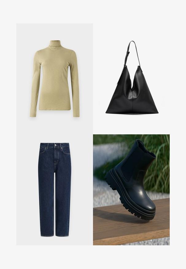 Długi rękaw, golf w jasnym oliwkowym zielonym kolorze, o dopasowanym kroju i gładkim, lekko teksturowanym materiale bez ozdób.; Ciemnoniebieskie dżinsy z prostą nogawką, wysokim stanem, srebrnymi elementami metalowymi, przednimi kieszeniami i delikatnymi detalami przeszyć. Klasyczny fason z pięcioma kieszeniami.; Czarny skórzany botek za kostkę z masywną podeszwą, elastycznymi bocznymi panelami i gładkim wykończeniem. Podwyższony design z kontrastowymi detalami bieżnika.; Czarna skórzana torebka w kształcie trójkąta z pojedynczym regulowanym paskiem na ramię i miękką, lekko opadającą strukturą.; Złote kolczyki z mieszanką geometrycznych kształtów: kwadrat, okrąg i połączone owalne wzory z polerowanym wykończeniem.