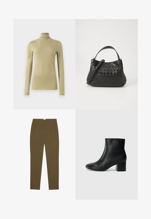 Maglione a maniche lunghe con collo alto in verde oliva chiaro, caratterizzato da una vestibilità slim e un tessuto liscio leggermente texturizzato, privo di decorazioni.; Pantaloni sartoriali verde oliva con una superficie liscia, dotati di due tasche frontali e dettagli con cuciture verticali. Design a gamba dritta.; Stivali neri in pelle fino alla caviglia con punta appuntita e tacco spesso. Texture liscia con minimi dettagli e un design elegante e aderente.; Borsa a tracolla in pelle intrecciata nera con una forma arrotondata, dotata di manico superiore e tracolla removibile. Texture morbida e dettagli di cucitura discreti.