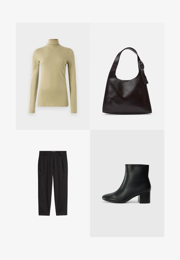 Długi rękaw, golf w jasnym oliwkowym zielonym kolorze, o dopasowanym kroju i gładkim, lekko teksturowanym materiale bez ozdób.; Czarne, bawełniane spodnie z prostym krojem nogawki, z pętelkami na pasek i dwoma bocznymi kieszeniami, wykończone gładką teksturą.; Czarne skórzane botki za kostkę z ostrym noskiem i masywnym obcasem. Gładka tekstura z minimalnymi akcentami i elegancki, dopasowany fason.; Brązowa skórzana torba na ramię o gładkiej teksturze, zaokrąglonym kształcie, szerokim pasku i okrąłym metalowym akcentem na uchwycie.