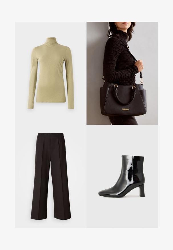 Dlouhý rukáv rolák ve světlé olivové barvě, s úzkým střihem a hladkým, mírně texturovaným materiálem bez ozdob.; Černé kalhoty širokého střihu s plochým předním dílem, skládaním a hladkým povrchem. Mají vysoký pas a přiléhavý střih pro strukturovaný vzhled.; Černé lakované kotníkové boty s špičatou špičkou a středně vysokým blokovým podpatkem. Hladká textura a minimalistický design.; Černá kabelka s texturovaným povrchem, dvojitými horními uchy a nastavitelným ramenním popruhem. Obsahuje zlaté kovové prvky a boční kapsy.