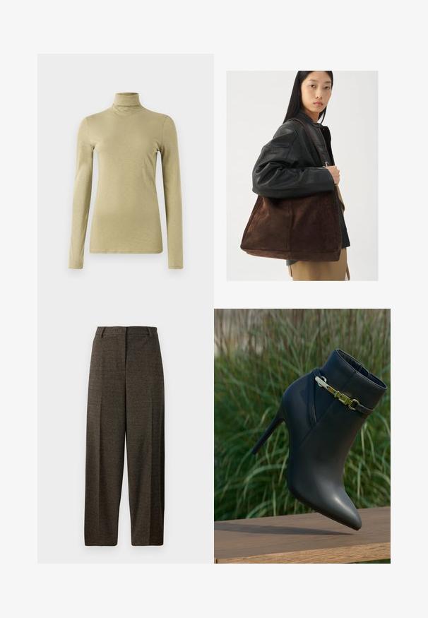 Langarm-Turtleneck-Top in hellem Olivgrün, mit schlanker Passform und glattem, leicht strukturiertem Stoff ohne Verzierungen.; Braune weit geschnittene Hose aus strukturiertem Stoff, mit einem taillierten Bund, Gürtelschlaufen und zwei vorderen Taschen.; Schwarze High-Heel-Stiefelette mit spitzem Zehenbereich und goldener Schnallen-Details, auf einer Holzoberfläche mit grünem Blattwerk im Hintergrund präsentiert.; Braune Wildleder-Tasche mit breiter Form und weicher Textur, ausgestattet mit einem einzigen Tragegurt und minimalem Zubehör vor einem neutralen Hintergrund.