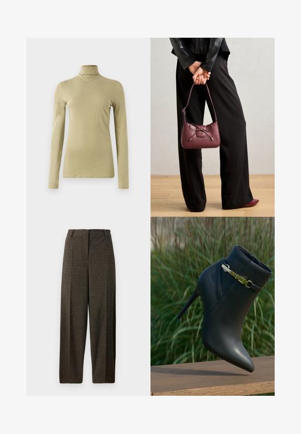 Langarm-Turtleneck-Top in hellem Olivgrün, mit schlanker Passform und glattem, leicht strukturiertem Stoff ohne Verzierungen.; Braune weit geschnittene Hose aus strukturiertem Stoff, mit einem taillierten Bund, Gürtelschlaufen und zwei vorderen Taschen.; Schwarze High-Heel-Stiefelette mit spitzem Zehenbereich und goldener Schnallen-Details, auf einer Holzoberfläche mit grünem Blattwerk im Hintergrund präsentiert.; Burgunderfarbene Ledertasche mit einer Schleifen-Applikation, ausgestattet mit einem schmalen Trageriemen und goldfarbenen Beschlägen, gehalten von einer Person, die schwarze Hosen trägt.