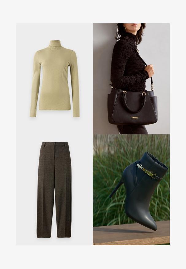 Langarm-Turtleneck-Top in hellem Olivgrün, mit schlanker Passform und glattem, leicht strukturiertem Stoff ohne Verzierungen.; Braune weit geschnittene Hose aus strukturiertem Stoff, mit einem taillierten Bund, Gürtelschlaufen und zwei vorderen Taschen.; Schwarze High-Heel-Stiefelette mit spitzem Zehenbereich und goldener Schnallen-Details, auf einer Holzoberfläche mit grünem Blattwerk im Hintergrund präsentiert.; Schwarze Handtasche mit strukturierten Oberflächen, doppelten Obergriffen und verstellbarem Schultergurt. Mit goldfarbener Hardware und Seitentaschen.