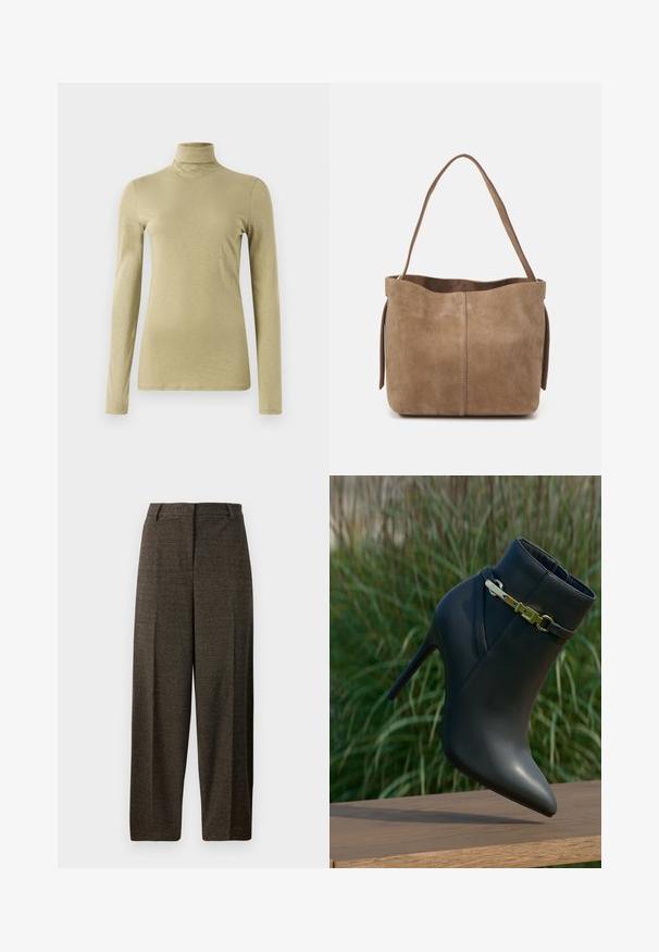 Langarm-Turtleneck-Top in hellem Olivgrün, mit schlanker Passform und glattem, leicht strukturiertem Stoff ohne Verzierungen.; Braune weit geschnittene Hose aus strukturiertem Stoff, mit einem taillierten Bund, Gürtelschlaufen und zwei vorderen Taschen.; Schwarze High-Heel-Stiefelette mit spitzem Zehenbereich und goldener Schnallen-Details, auf einer Holzoberfläche mit grünem Blattwerk im Hintergrund präsentiert.; Braune Wildleder-Tote mit weicher Textur, offenem Oberteil und einem einzelnen Schulterriemen. Verfügt über eine glatte Oberfläche und minimale Details.