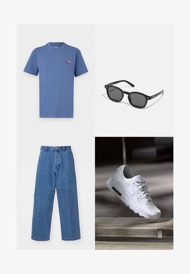 Niebieska bawełniana koszulka z okrągłym dekoltem. Posiada małe logo Carhartt w kolorze czerwonym i żółtym na lewej piersi. Krótkie rękawy, proste wykończenie.; Jasnoniebieskie dżinsy o luźnym kroju, z dwoma różnymi panelami materiałowymi, z zapięciem na guziki z przodu i szerokimi nogawkami.; Białe sneakersy Nike Air Max 90 z siateczkowym i skórzanym wierzchem, perforowanym czubkiem oraz widoczną jednostką Air w pięcie.; Czarne owalne okulary przeciwsłoneczne z ciemnymi szkłami, grubymi oprawkami i srebrnymi kropkami na bokach. Gładki materiał plastikowy, nowoczesny design.